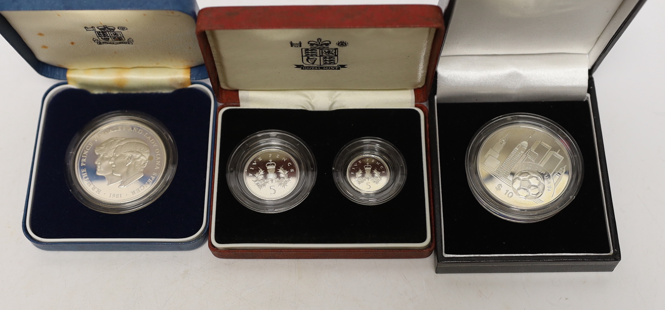 Royal Mint UK QEII proof coins - 1981 Marriage of HRH Prince of Wales and Lady Diana Spencer crown, 1977 Queen‘s silver jubilee crown, 1997 fifty pence two-coin set, 1992 ten pence two-coin set and 1990 five pence two-co